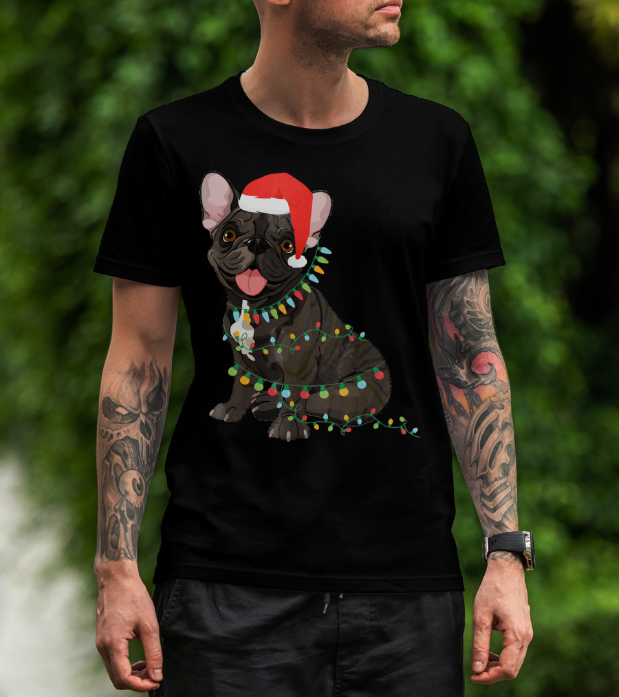 Santa French Bulldog Tangled In Christmas Lights T-Shirt