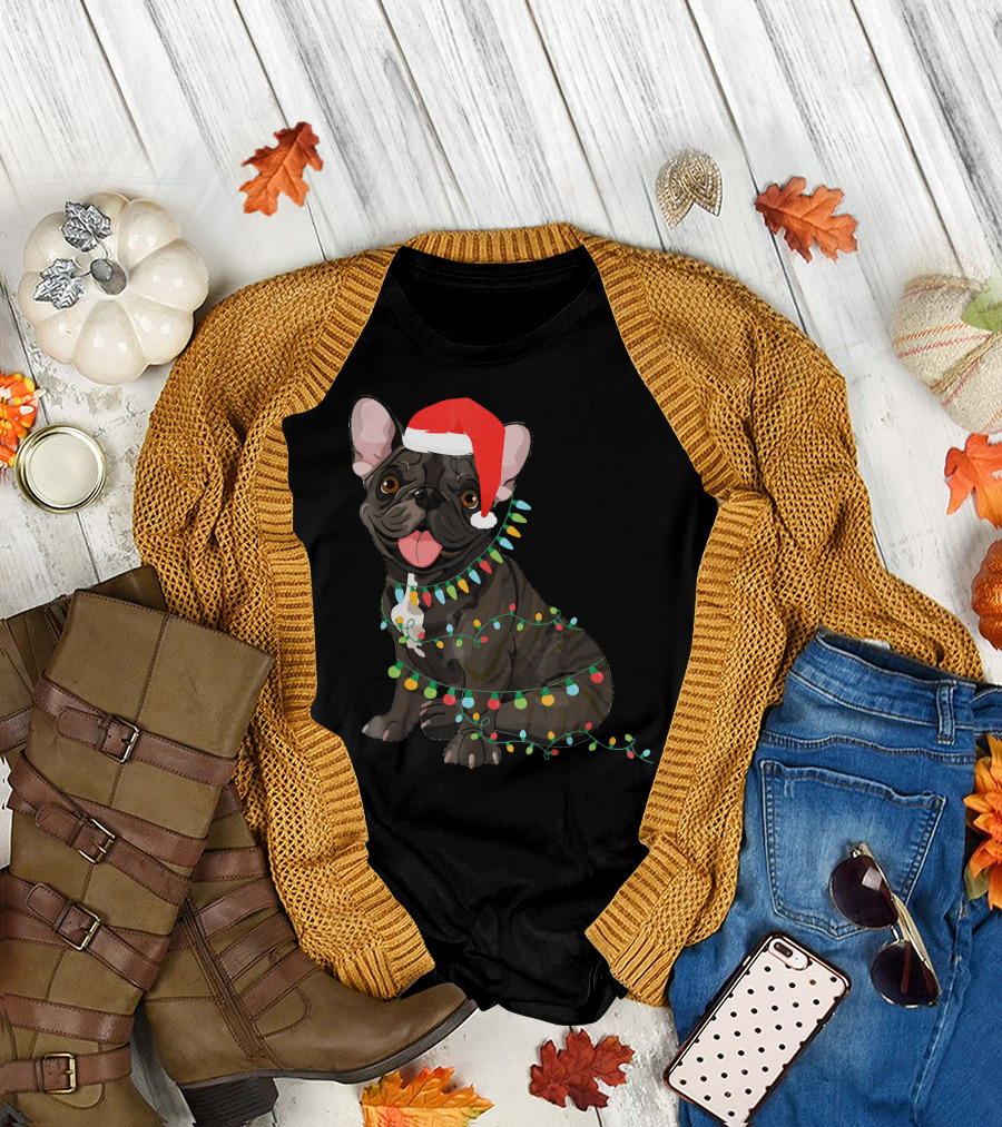 Santa French Bulldog Tangled In Christmas Lights T-Shirt