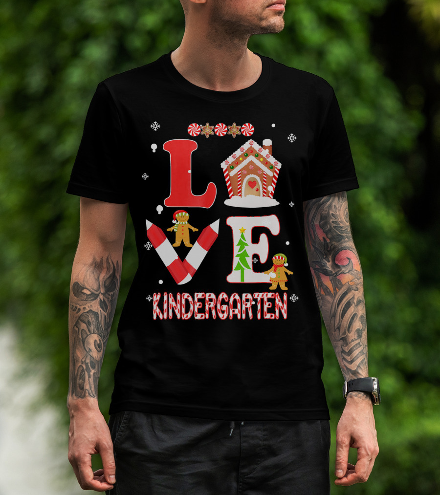 Love Kindergarten Teacher Gingerbread Candy Cane Christmas T-Shirt