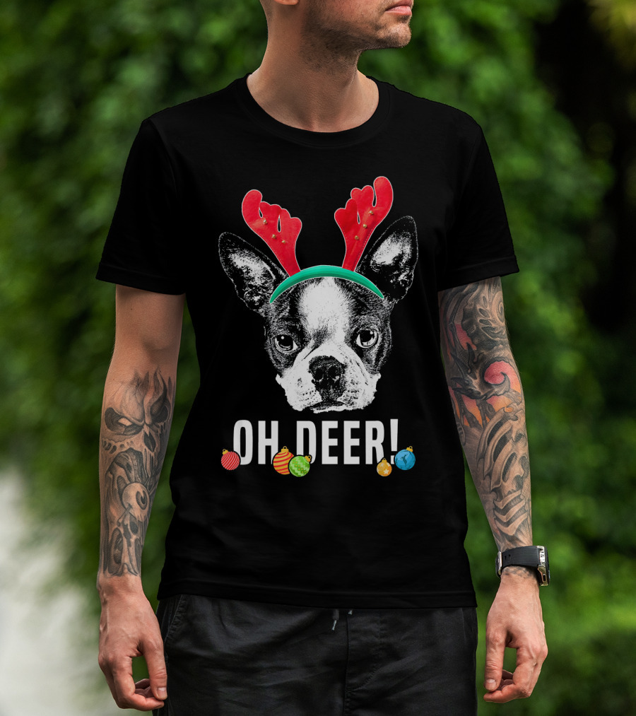 Oh Deer Boston Terrier With Reindeer Antlers And Christmas Ornaments T-Shirt