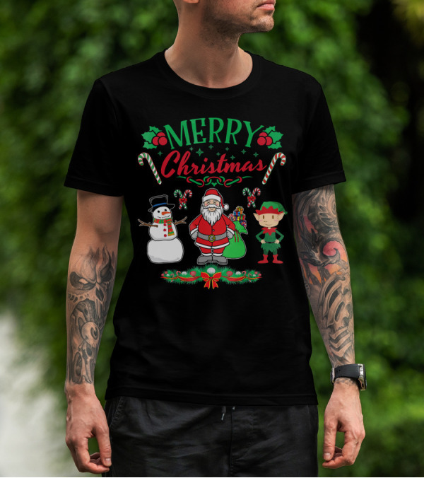 Merry Christmas Santa And Snowman With Elf And Candy Canes T-Shirt