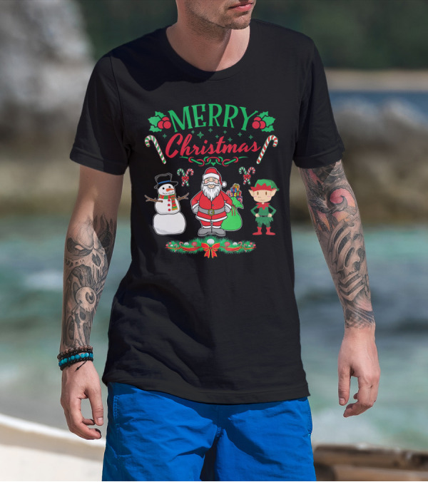 Merry Christmas Santa And Snowman With Elf And Candy Canes T-Shirt