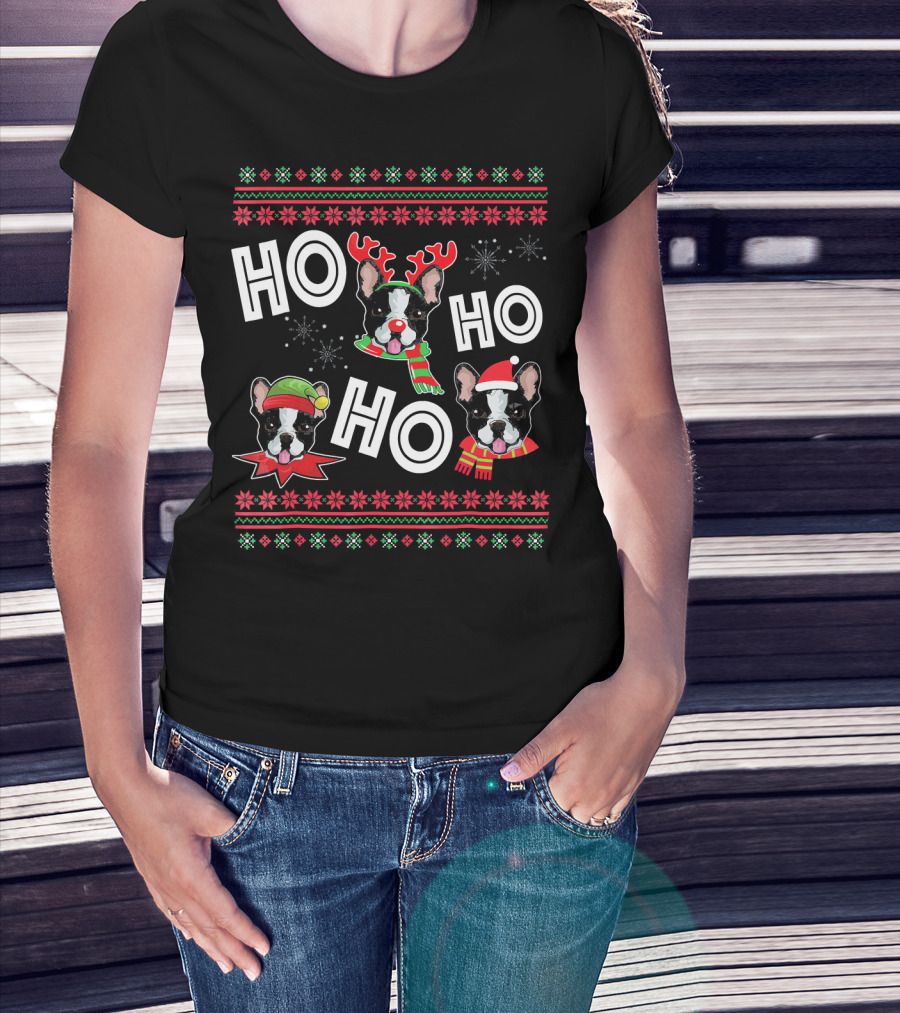 HO HO HO Boston Terrier Funny Do Christmas Reindeer Santa Hat Scarf Snowflakes T-Shirt