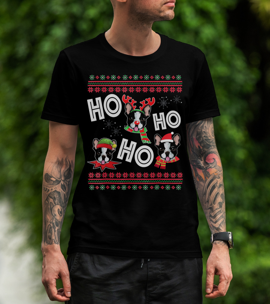 HO HO HO Boston Terrier Funny Do Christmas Reindeer Santa Hat Scarf Snowflakes T-Shirt
