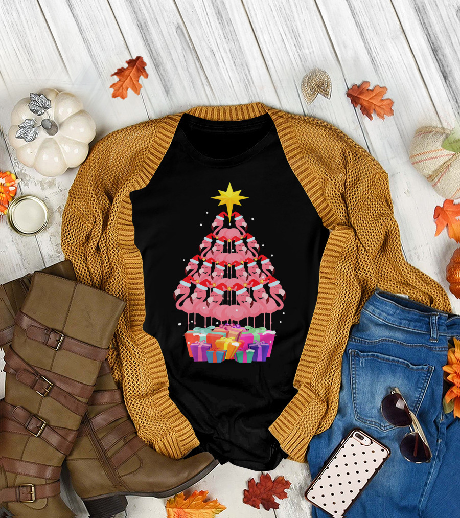 Flamingo Santa Hat Christmas Tree with Gifts and Star T-Shirt