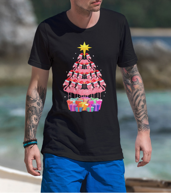 Flamingo Santa Hat Christmas Tree With Gifts And Star T-Shirt