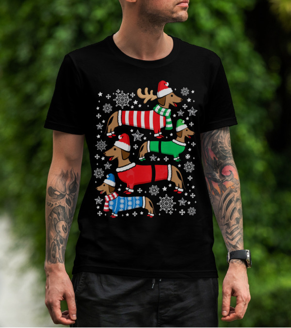 Dachshund Merry Christmas Weiner Ugly Sweater Santa Reindeer Snowflakes T-Shirt