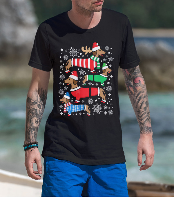 Dachshund Merry Christmas Weiner Ugly Sweater Santa Reindeer Snowflakes T-Shirt