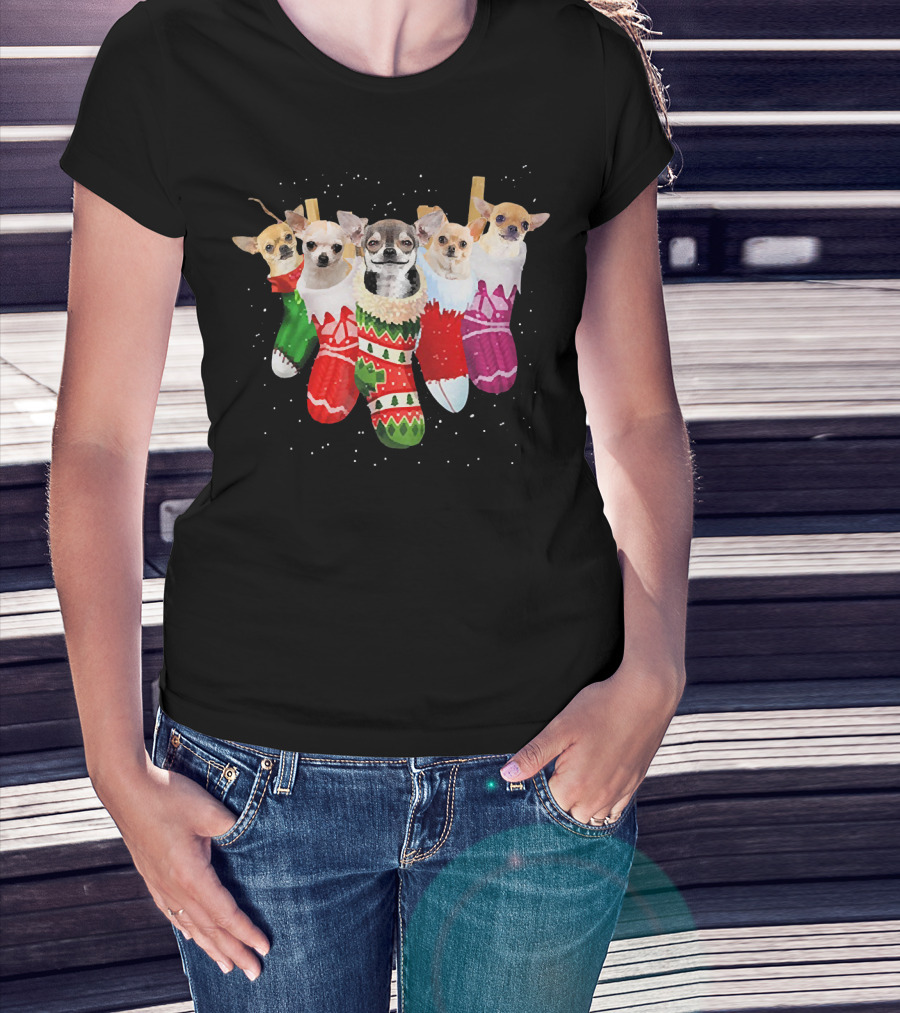 Chihuahua Puppies In Festive Holiday Socks T-Shirt