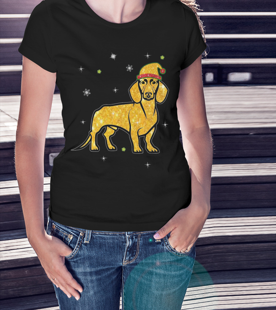 Christmas Lights Glitter Dachshund Dog With Santa Hat And Snowflakes T-Shirt