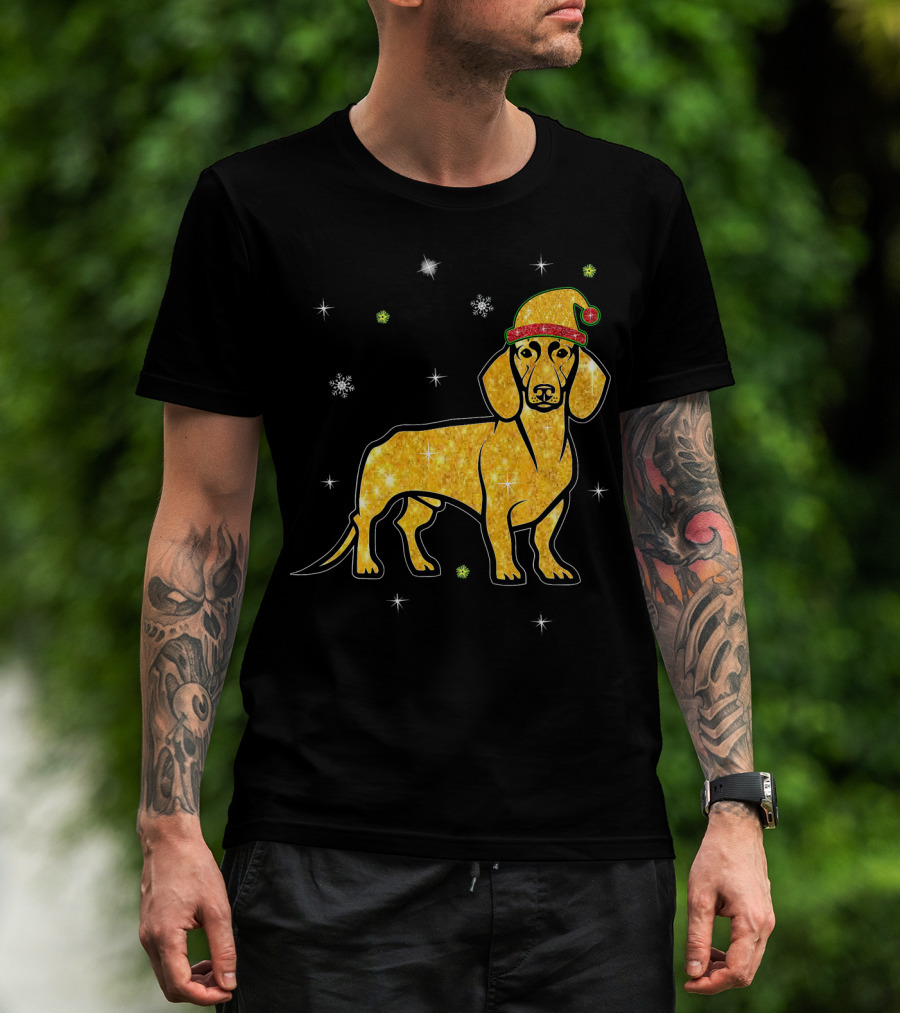 Christmas Lights Glitter Dachshund Dog With Santa Hat And Snowflakes T-Shirt