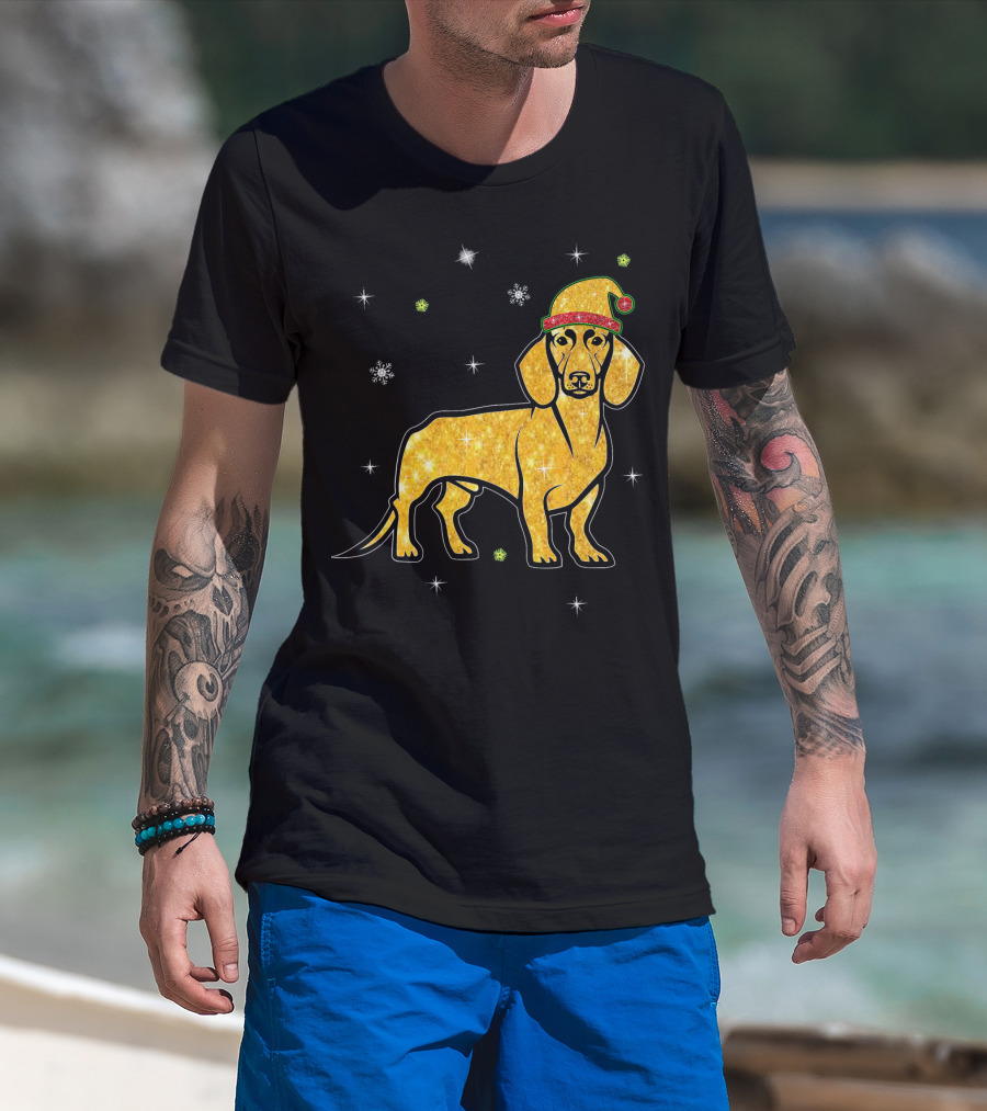 Christmas Lights Glitter Dachshund Dog With Santa Hat And Snowflakes T-Shirt