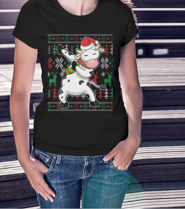 Ugly Christmas Dabbing Santa Cow With Festive Reindeer And Snowflakes T-Shirt