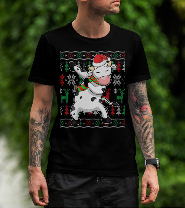 Ugly Christmas Dabbing Santa Cow With Festive Reindeer And Snowflakes T-Shirt