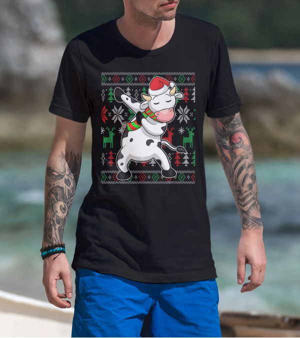 Ugly Christmas Dabbing Santa Cow With Festive Reindeer And Snowflakes T-Shirt