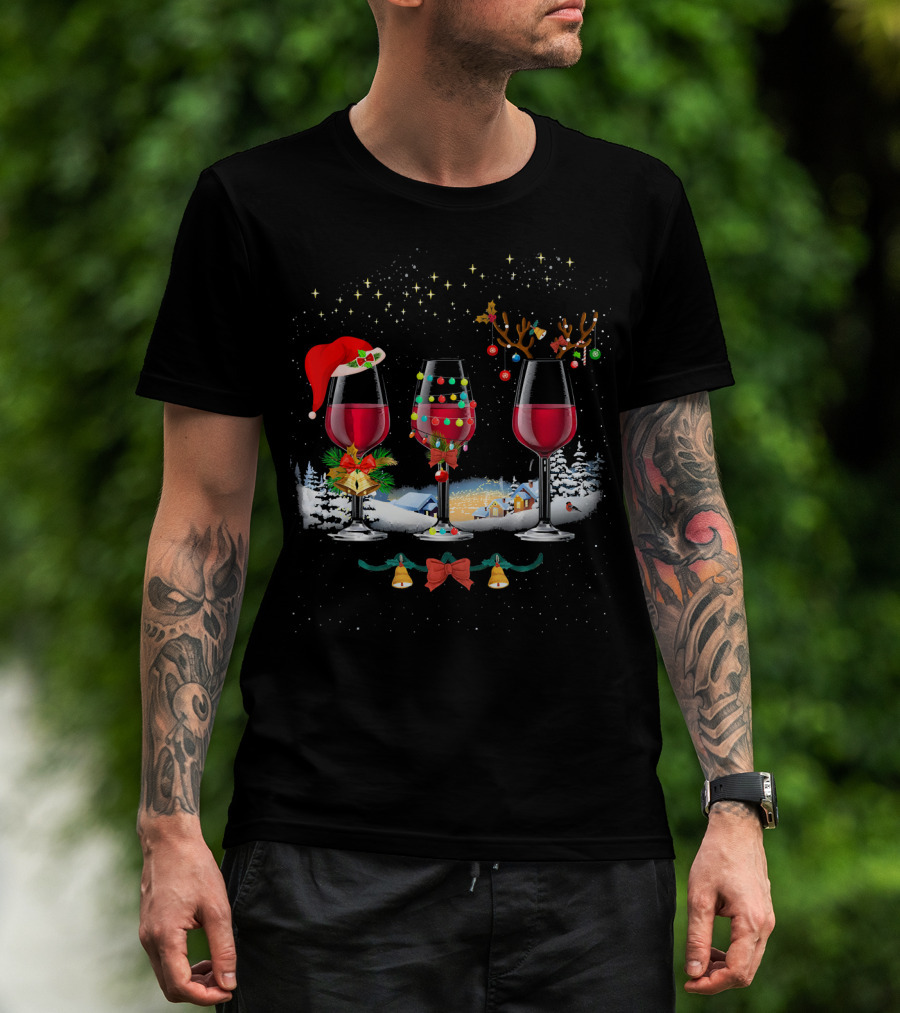 Three Christmas Red Wine Glasses Santa Hat Reindeer Lights Snowy Village T-Shirt