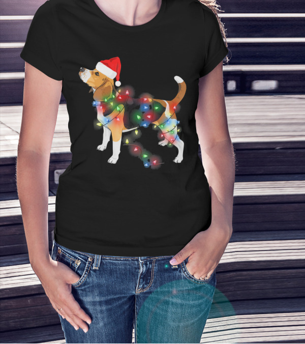 Beagle With Christmas Lights And Santa Hat T-Shirt