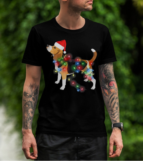 Beagle With Christmas Lights And Santa Hat T-Shirt