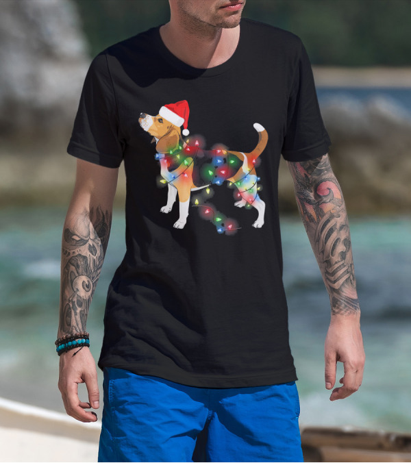 Beagle With Christmas Lights And Santa Hat T-Shirt