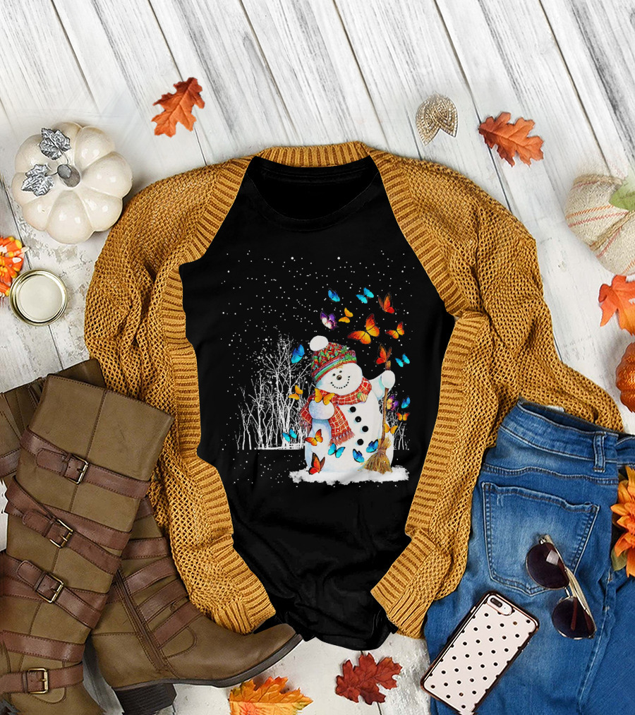 Snowman with Butterflies in a Snowy Forest T-Shirt