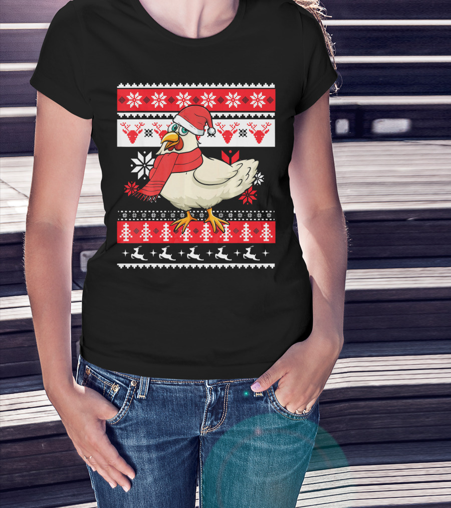 Ugly Christmas Chicken Santa Hat Snowflakes Reindeer Red Scarf T-Shirt
