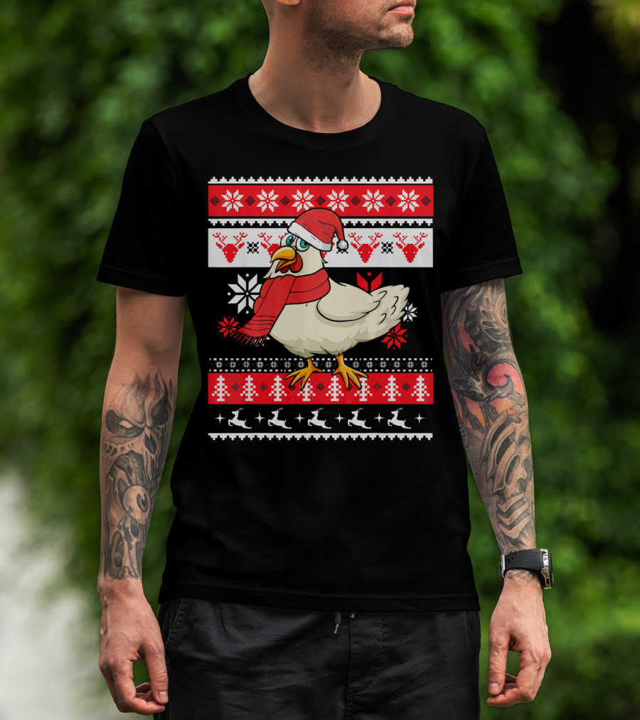 Ugly Christmas Chicken Santa Hat Snowflakes Reindeer Red Scarf T-Shirt