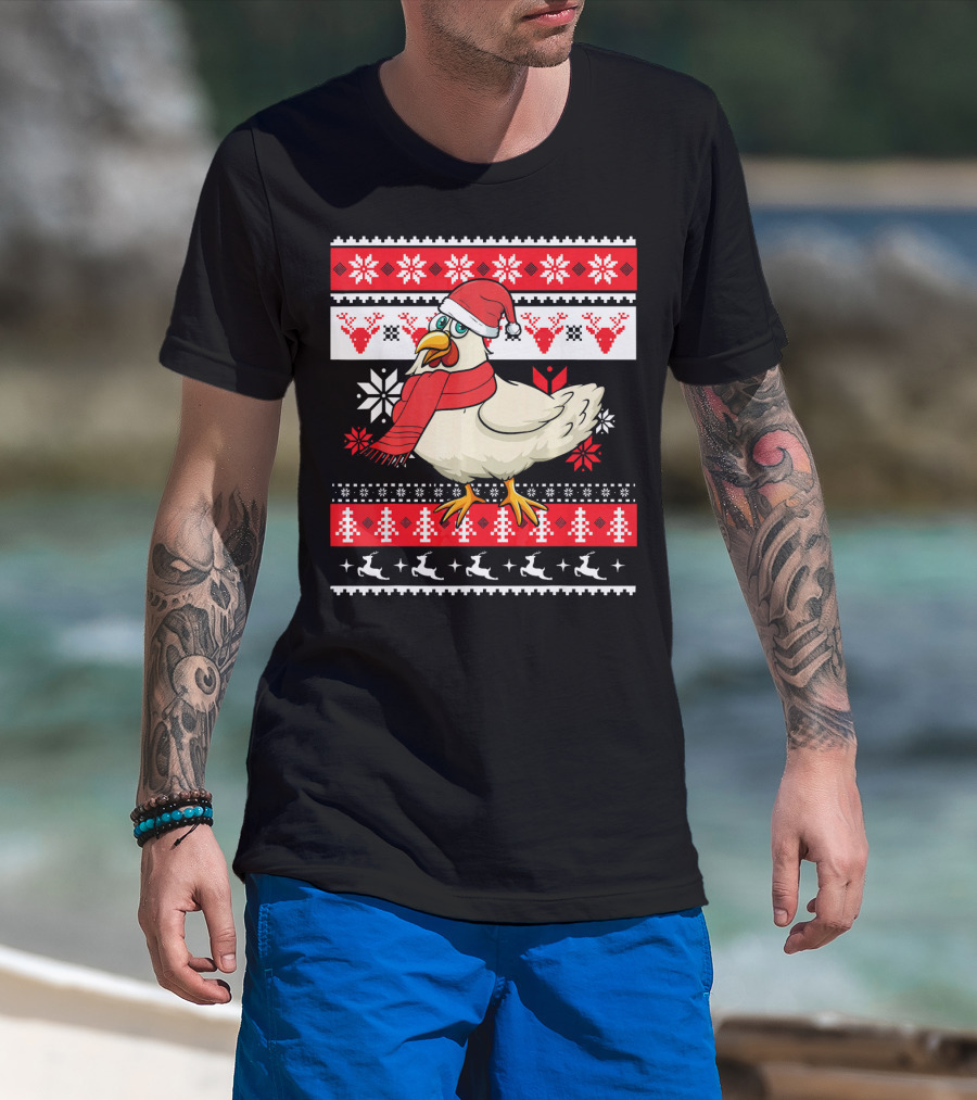 Ugly Christmas Chicken Santa Hat Snowflakes Reindeer Red Scarf T-Shirt