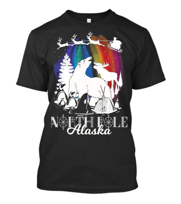 North Pole Alaska Aurora Borealis Polar Bears Reindeer Penguins Santa Sleigh T-Shirt