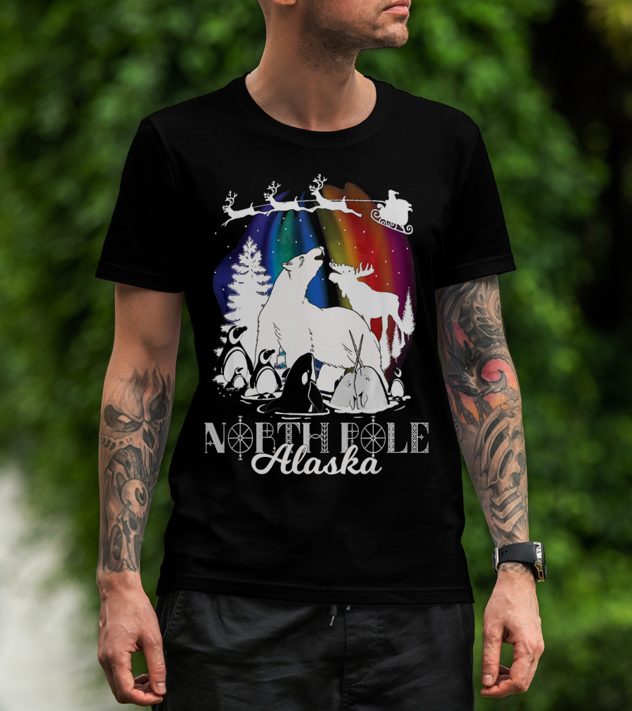 North Pole Alaska Aurora Borealis Polar Bears Reindeer Penguins Santa Sleigh T-Shirt