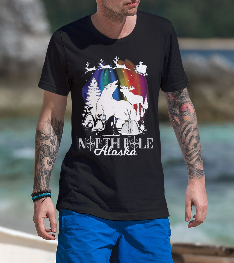 North Pole Alaska Aurora Borealis Polar Bears Reindeer Penguins Santa Sleigh T-Shirt