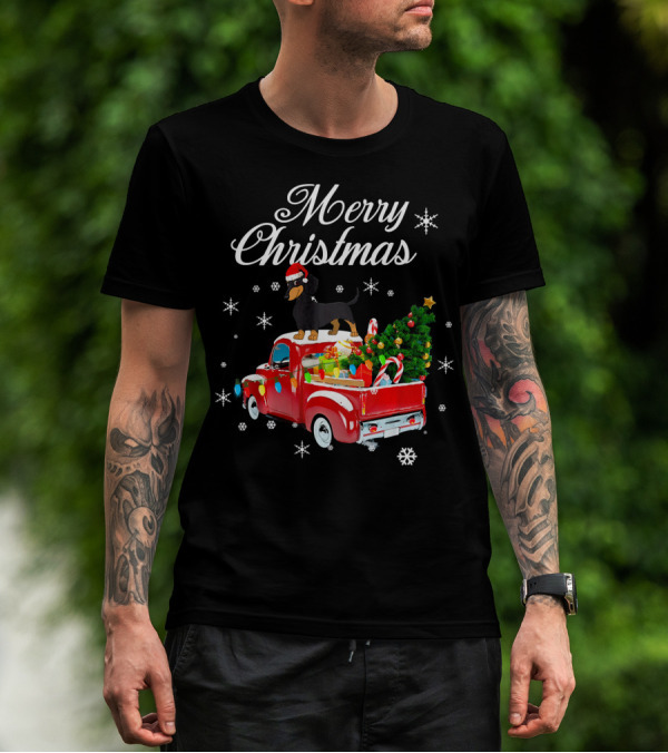 Merry Christmas Dachshund On Red Truck With Gifts And Tree T-Shirt