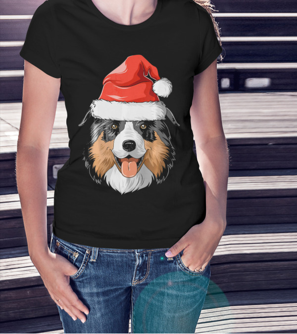 Australian Shepherd Dog Wearing Festive Santa Hat T-Shirt