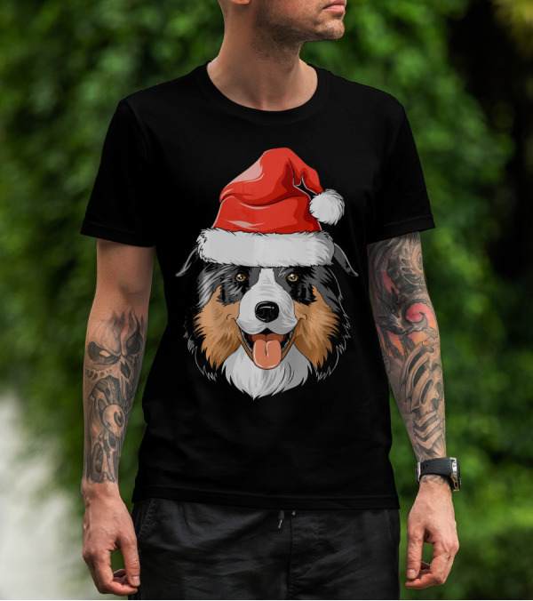 Australian Shepherd Dog Wearing Festive Santa Hat T-Shirt