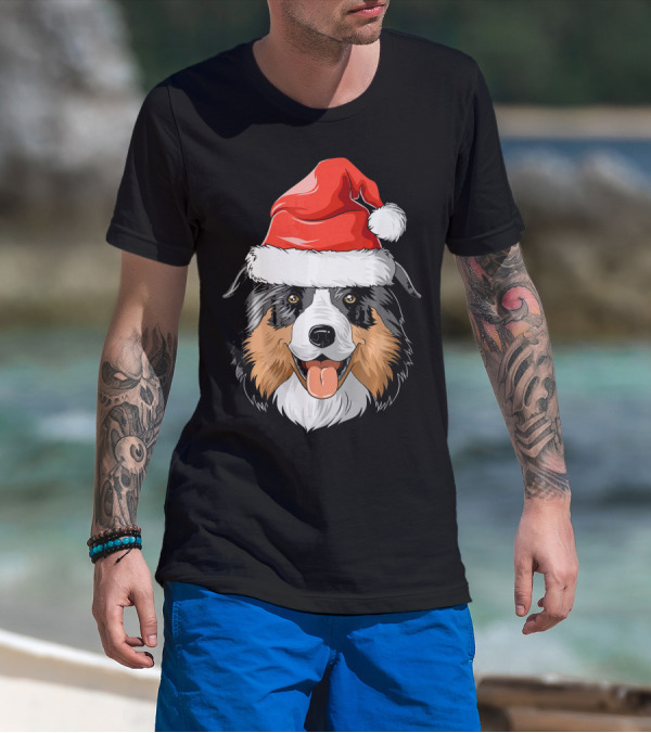 Australian Shepherd Dog Wearing Festive Santa Hat T-Shirt