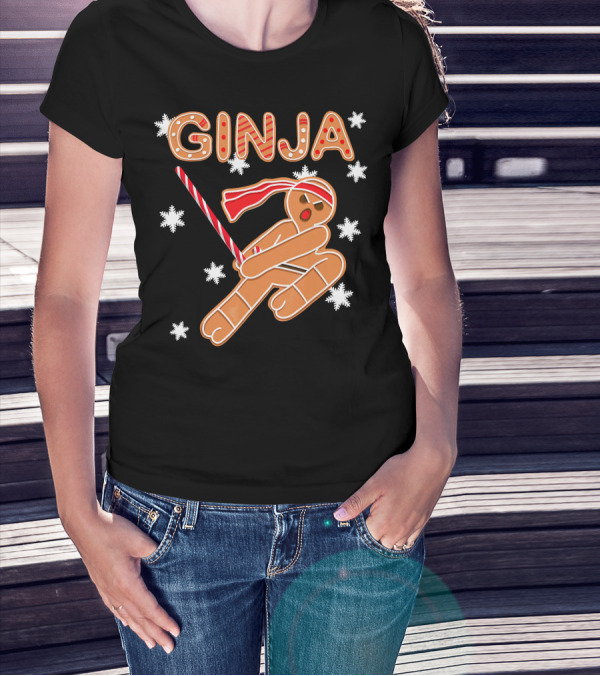 Gingerbread Ginja Funny Christmas Ninja Candy Cane Snowflakes T-Shirt