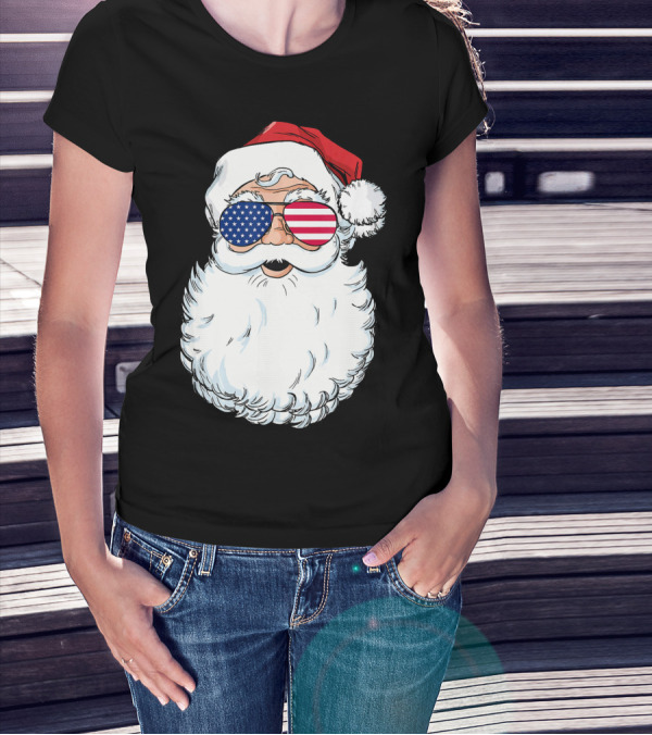 Santa Claus Patriotic USA Sunglasses Christmas T-Shirt
