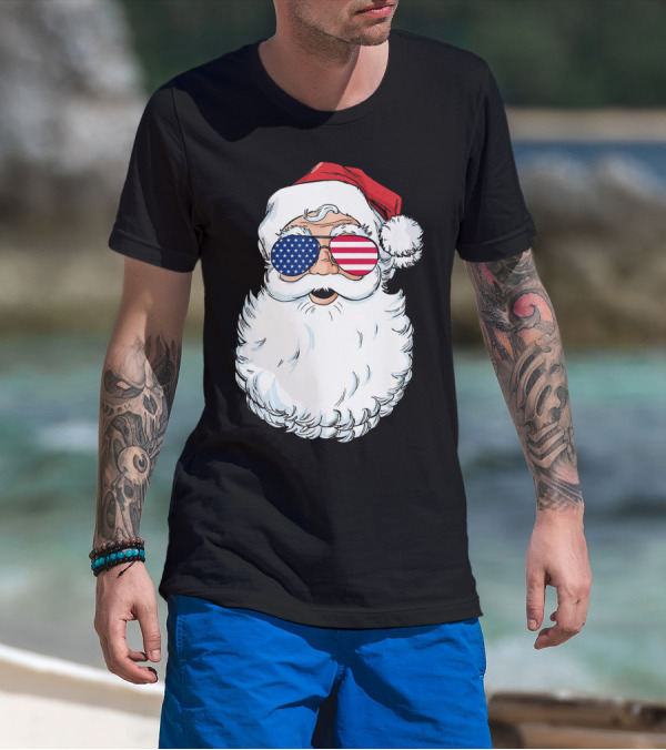 Santa Claus Patriotic USA Sunglasses Christmas T-Shirt