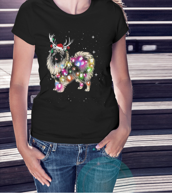 Keeshond Dog Wrapped In Christmas Lights Wearing Red Santa Hat And Antlers T-Shirt
