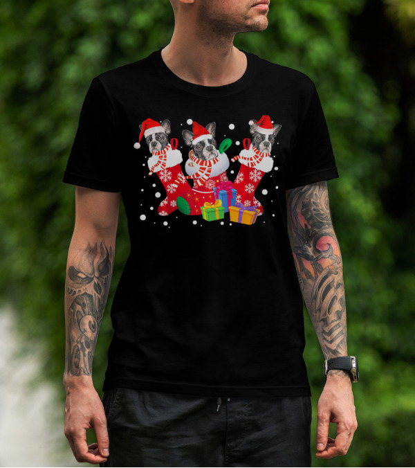 Three Boston Terrier In Santa Hat Stockings Christmas Gifts T-Shirt