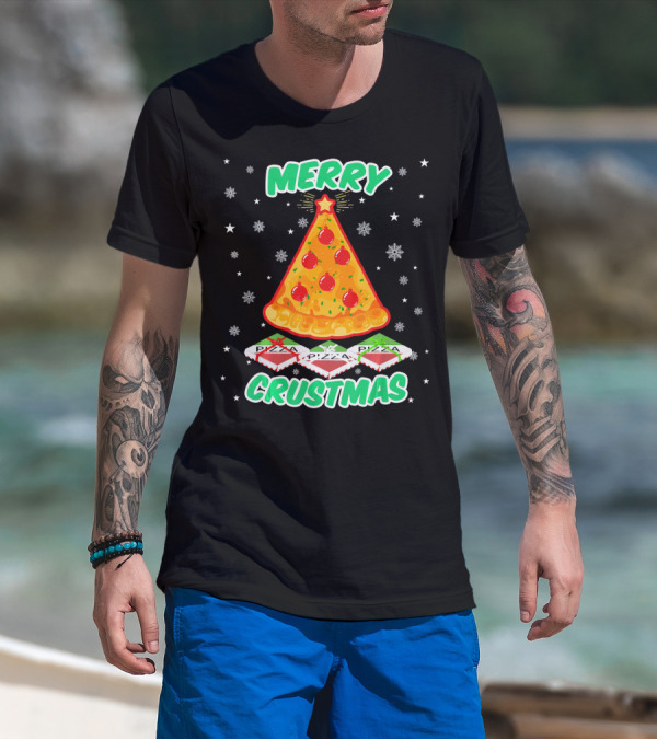 MERRY CRUSTMAS Funny Pizza Christmas Tree With Snowflakes And Pizza Boxes T-Shirt
