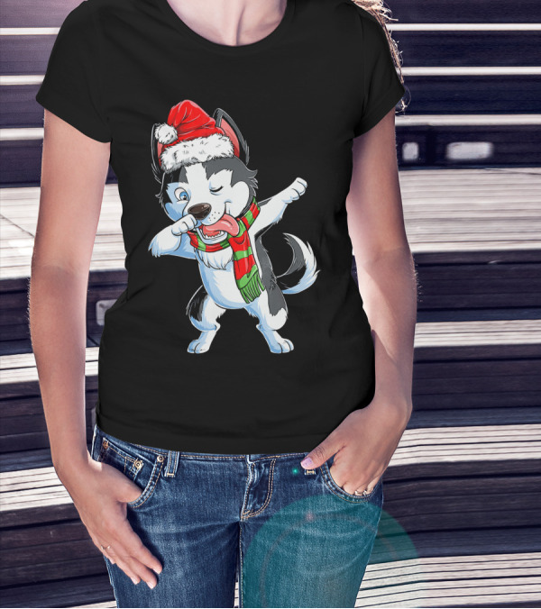 Dabbing Siberian Husky Santa Christmas Dog With Scarf T-Shirt