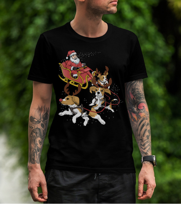 Santa's Sleigh With Beagle Reindeer Trio T-Shirt