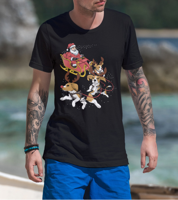 Santa's Sleigh With Beagle Reindeer Trio T-Shirt