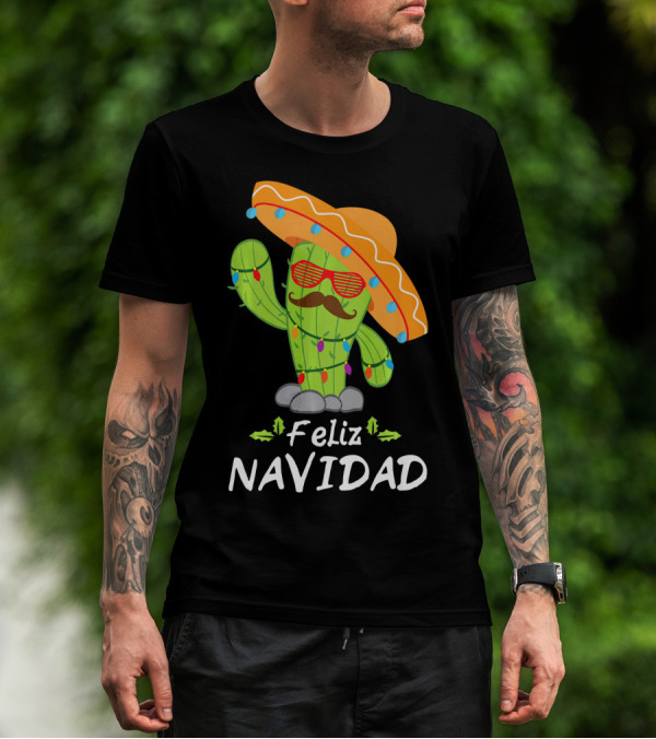 Feliz Navidad Cactus Mexican Tree Christmas Sombrero Lights T-Shirt