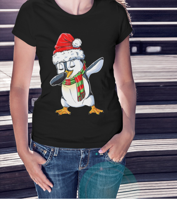 Dabbing Penguin Santa Claus With Festive Scarf T-Shirt