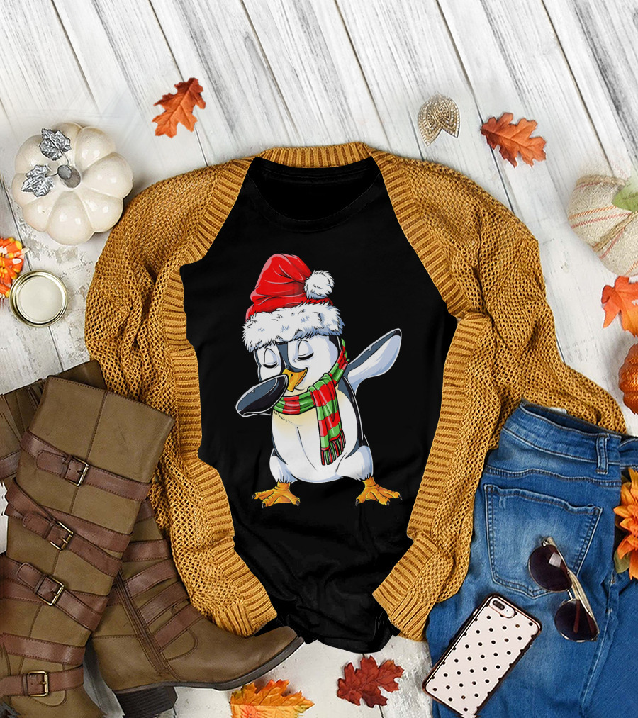 Dabbing Penguin Santa Claus with Festive Scarf T-Shirt