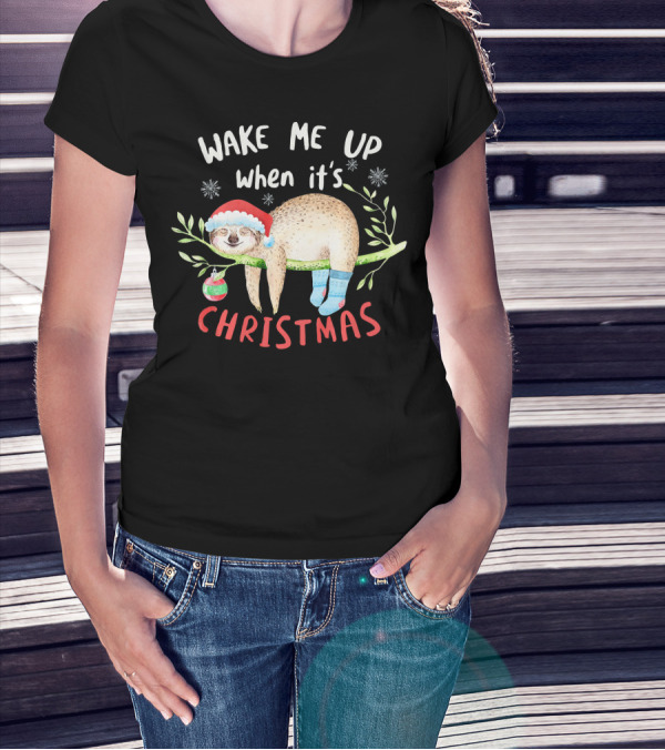 Wake Me Up When It's Christmas Cute Sloth With Santa Hat T-Shirt
