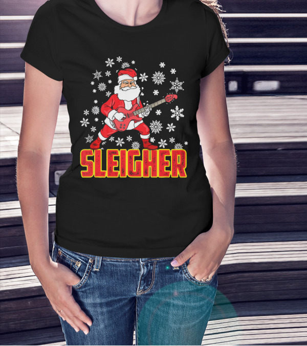 Sleigher Santa Claus With Guitar And Snowflakes T-Shirt