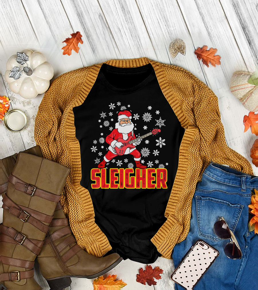Sleigher Santa Claus with Guitar and Snowflakes T-Shirt