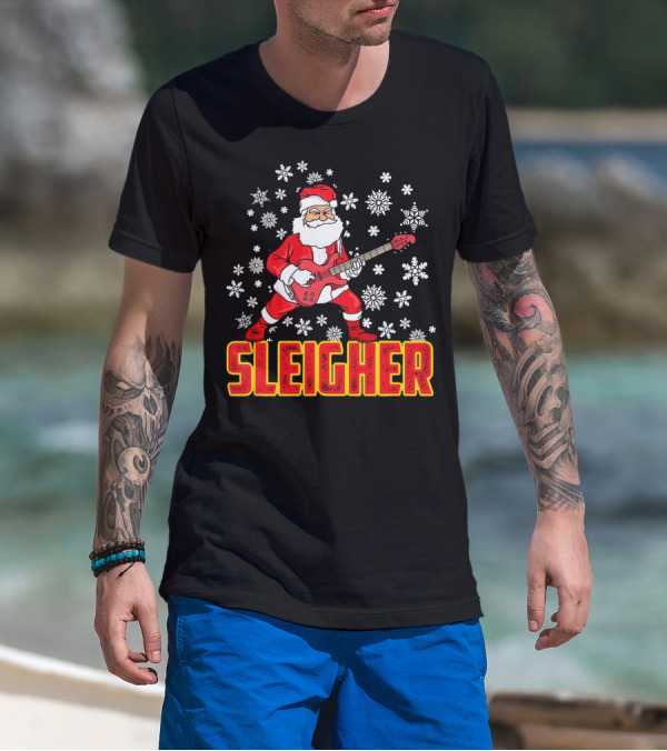 Sleigher Santa Claus With Guitar And Snowflakes T-Shirt